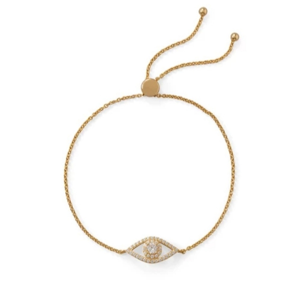 14KT GOLD PLATED CZ EVIL EYE BOLO BRACELET